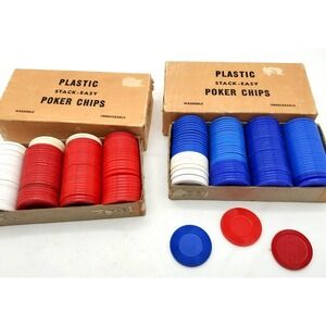Vintage Games 100 Plastic Poker Chips Full Box White Red Blue CHIPS Washable lot